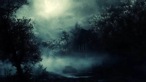 Moon-drowned forest cottage wrapped in whispered fog secrets.