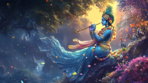 Blue deity playing flute in luminous forest landscape.
