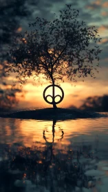 Symbolic tree glows over tranquil water at dreamlike sunset
