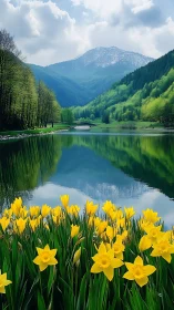 Yellow daffodils frame reflective alpine lake and peaks.