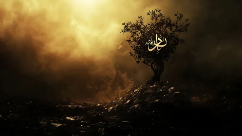 Lone illuminated tree rises through swirling golden mist.