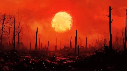 Burned forest landscape under large red sun at dusk.