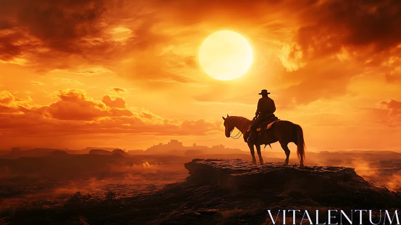 Silhouetted rider on horse against large setting sun.