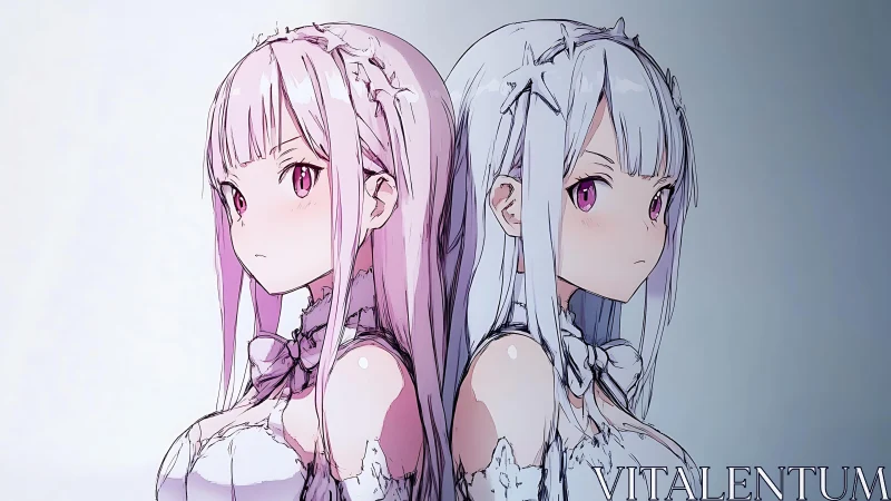 Twin anime girls share a calm, mirrorlike fantasy moment