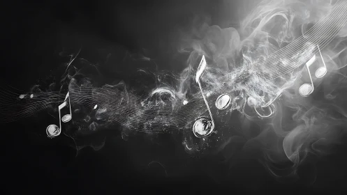 Floating music notes in smoky grayscale abstract scene.