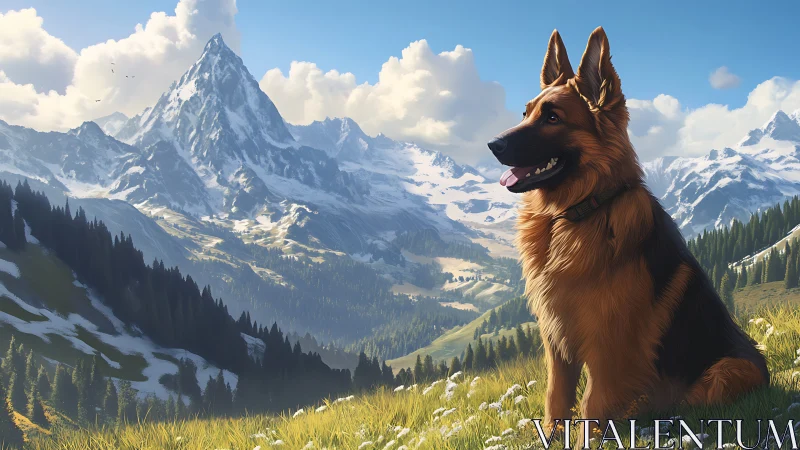 German shepherd sits on alpine meadow before snowy peaks