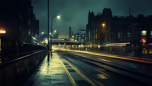 Rain-soaked city street with light trails at night.
