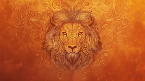 Fiery lion portrait with ornate swirling abstract background.