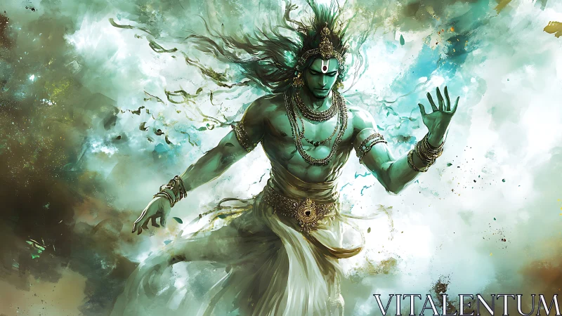 Mythic green-skinned deity figure in swirling ethereal mist.