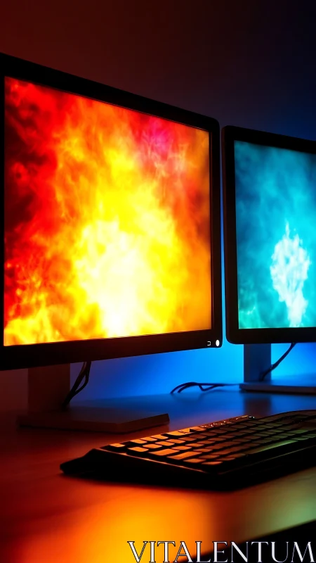 Dual monitors display fiery and icy abstract energy visuals