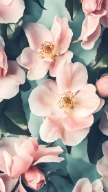 Delicate pale pink blooms layered against deep teal background.