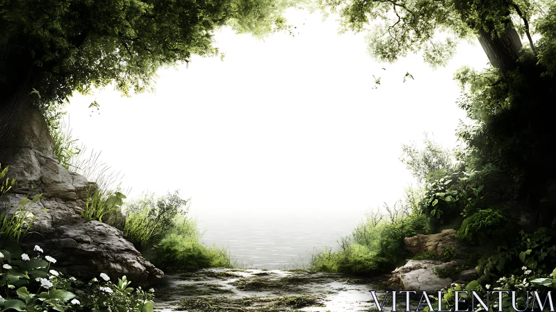 Forest shoreline frames luminous mist over calm water.