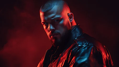 Moody red-gelled portrait of intense man in leather jacket.