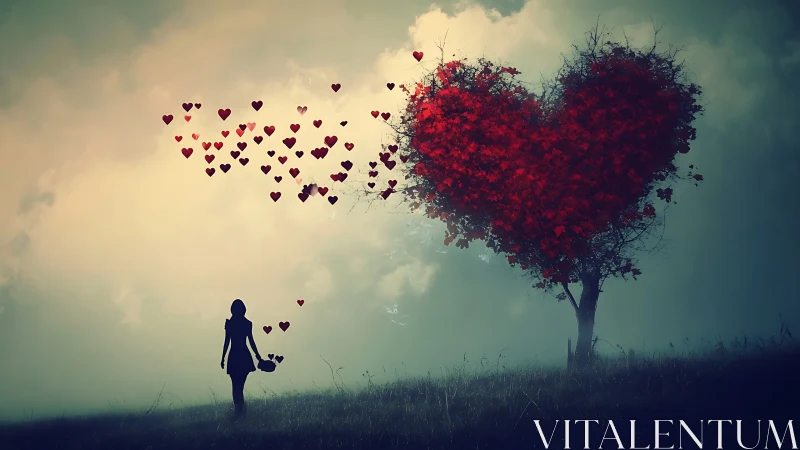 Solitary Figure Scattering Hearts to Tree.