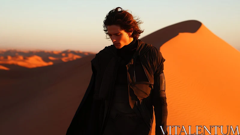 Young figure in dark cloak walking across desert dunes.