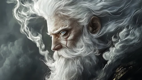 Storm-eyed elder sculpts thunder from his silver breath