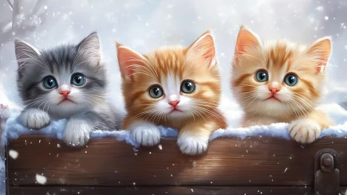 Three young cats positioned on wooden surface in winter setting.