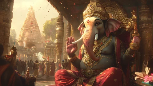 Majestic temple Ganesha blessing a festival of golden dawn.