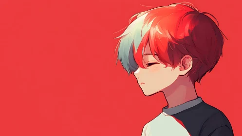 Side-profile anime portrait of boy with red white hair on red