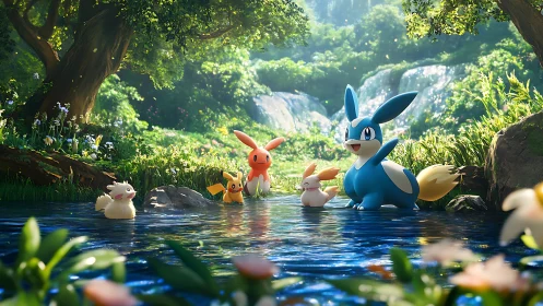 Sunlit forest pond hosts playful creatures in sparkling blue