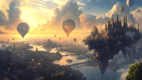 Floating steampunk citadel over river metropolis at dawn.