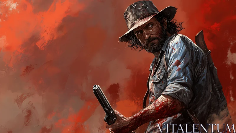 Gritty gunslinger portrait in dynamic blood-red digital painting.
