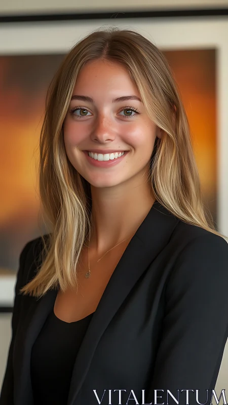 Professional portrait of woman in blazer, studio backdrop.