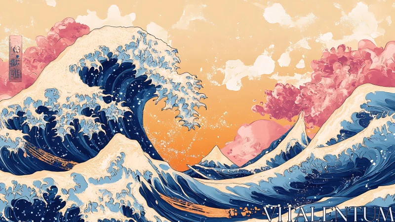 Chromatic ocean vortex with stylized Hokusai wave dynamics.