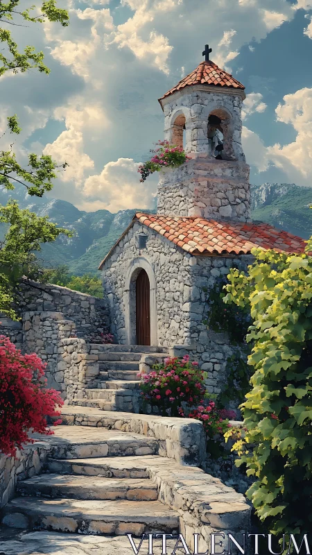 Stone hillside chapel under bright mountain sky.