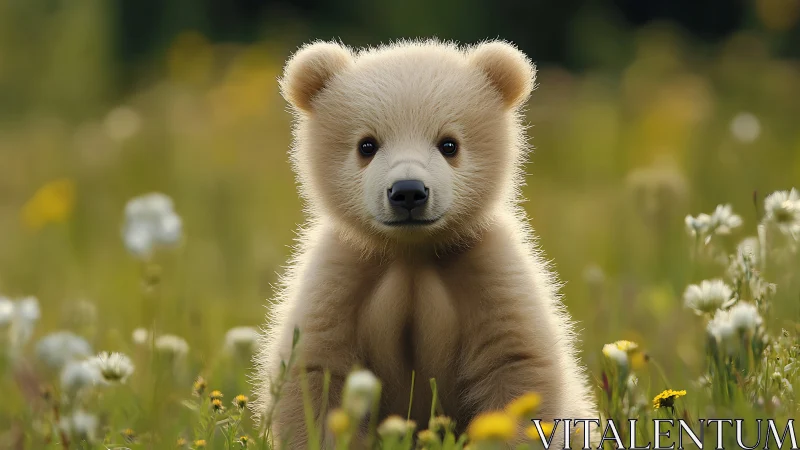 Young light-colored bear cub in meadow habitat setting.
