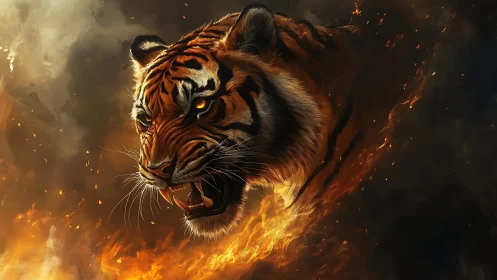 Roaring tiger head emerging through dynamic inferno clouds.