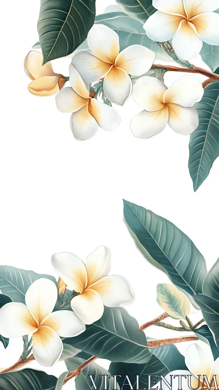 Plumeria Florets Rendered with Botanical Precision: White Petals and Golden Gradient Centers