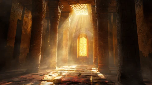 Sunlit ancient temple hall with golden portal entrance.