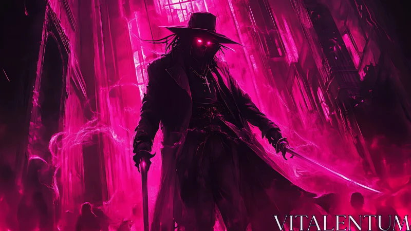 Neon phantom swordsman stalks a magenta drenched city void.