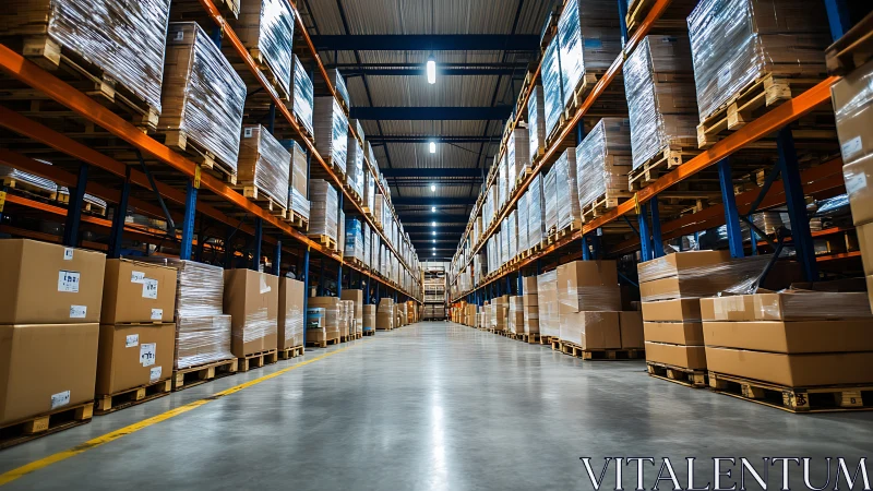 Endless warehouse corridor hums with perfectly stacked cargo