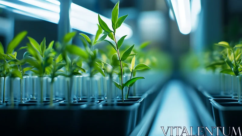 Laboratory seedlings under cool LED horticultural lighting.