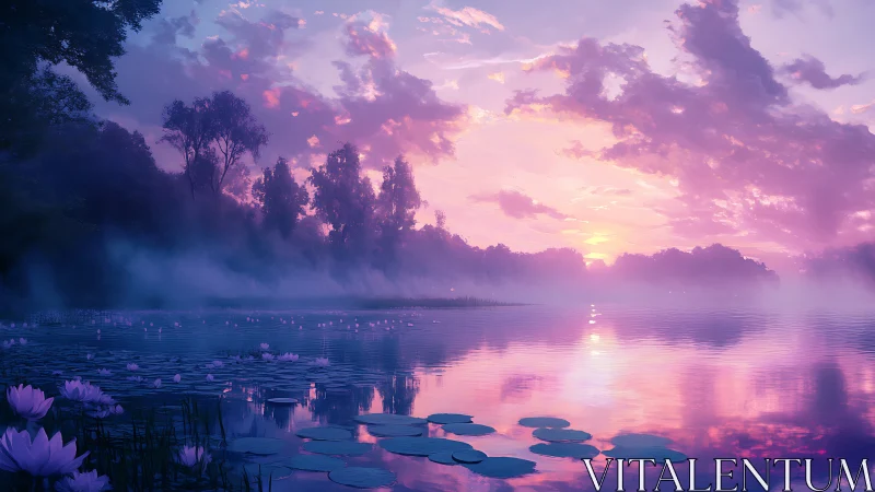 Iridescent misty lake at violet sunrise with lilies.
