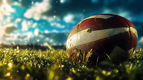 Photorealistic low-angle rugby ball on dewy field at dawn.