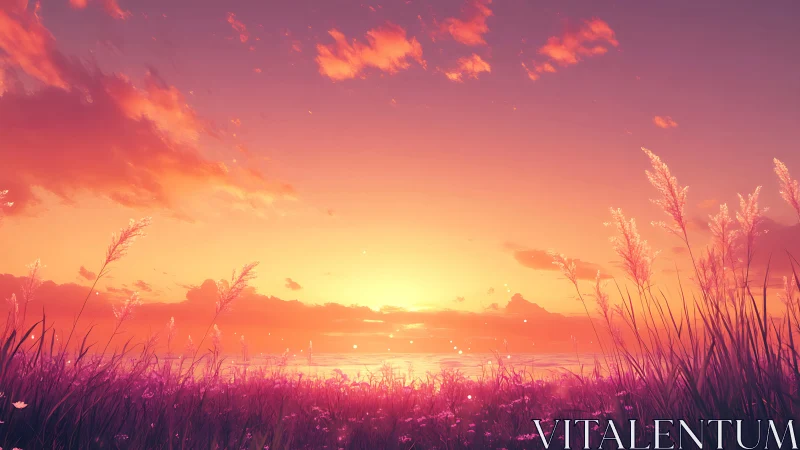 Sunset illuminates coastal grassland under stratified clouds