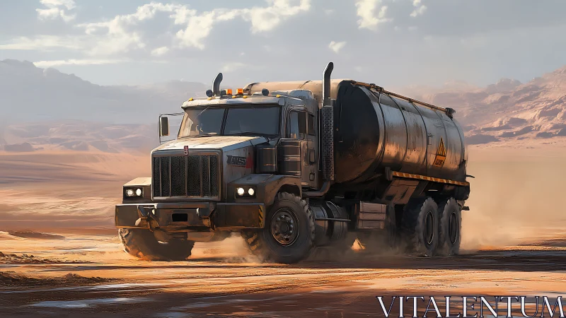 Dusty desert tanker truck rolling through glowing sands.
