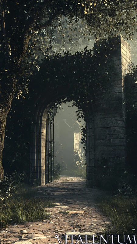 Sunlit stone archway opens into a forgotten forest path