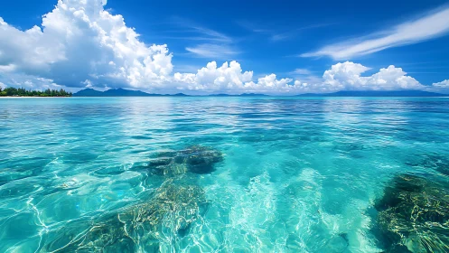Turquoise tropical sea reflects bright clouds and distant isles.
