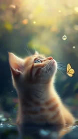 Curious orange kitten watching butterfly in soft sunlight.