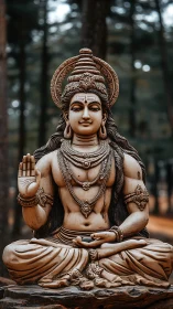Stone statue of seated deity with raised hand blessing