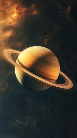 Ringed gas planet floats against dense star-filled nebula