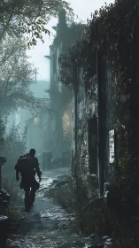 Lone wanderer traces rainlit footsteps through ruined alleyway.