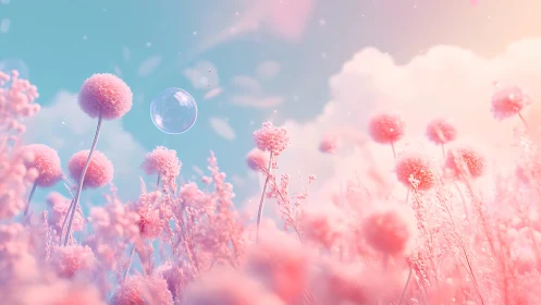 Pastel pompom meadow under dreamy turquoise sky glow.
