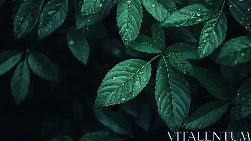 Macro study of rain-soaked pinnate foliage in low-key light.