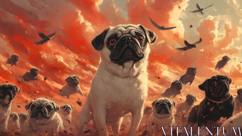 Heroic pug legion under cinematic fiery sunset skies.