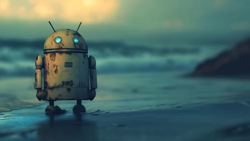 3D rusted beachside robot with cinematic depth of field.